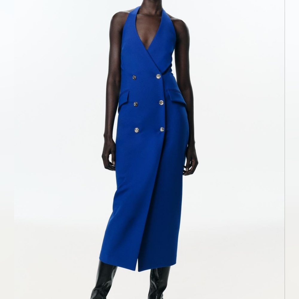 Zara Halter Wrap Midi Dress Blue Bnwt